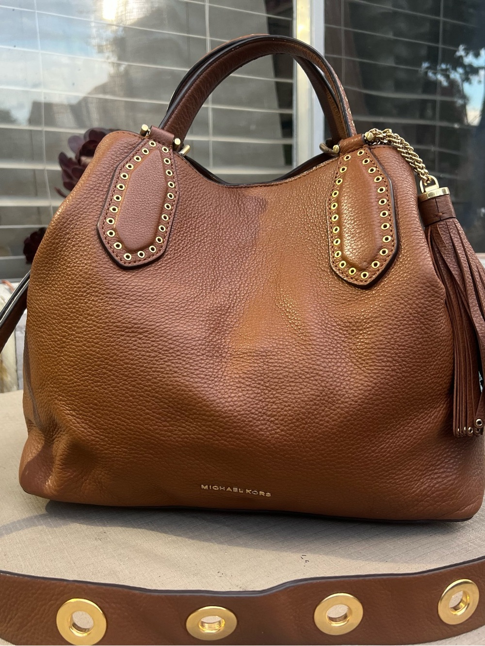 Michael Kors Cognac Pebbled Leather Tote with Tassel & Gold Hardware